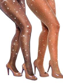 1/2 Cặp Quần bó cạp cao pha lê lưới lưới lấp lánh cho nữ, Quần bó dự tiệc đính đá giả - đen + be - Xem 1