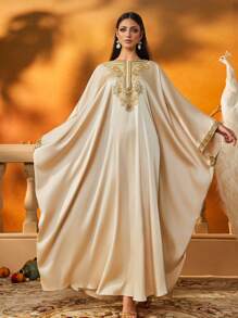 AmazingHoney Elegant Cream Kaftan Dress With Gold Embroidery Details, Batwing Sleeves, Party Abaya, Kaftan Dress, Modest Abaya Dress (Oversized Fit– Please Check Size Chart) - Apricot - View 7