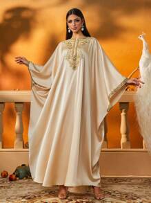 AmazingHoney Elegant Cream Kaftan Dress With Gold Embroidery Details, Batwing Sleeves, Party Abaya, Kaftan Dress, Modest Abaya Dress (Oversized Fit– Please Check Size Chart) - Apricot - View 6