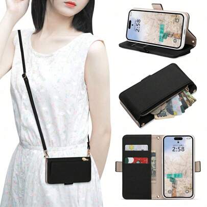 Litchi Pattern PU Leather Phone Case, Card Slot Phone Cover, Crossbody Coin Purse Phone Case, With Kickstand, Shockproof, Lanyard Included, Compatible With IPhone