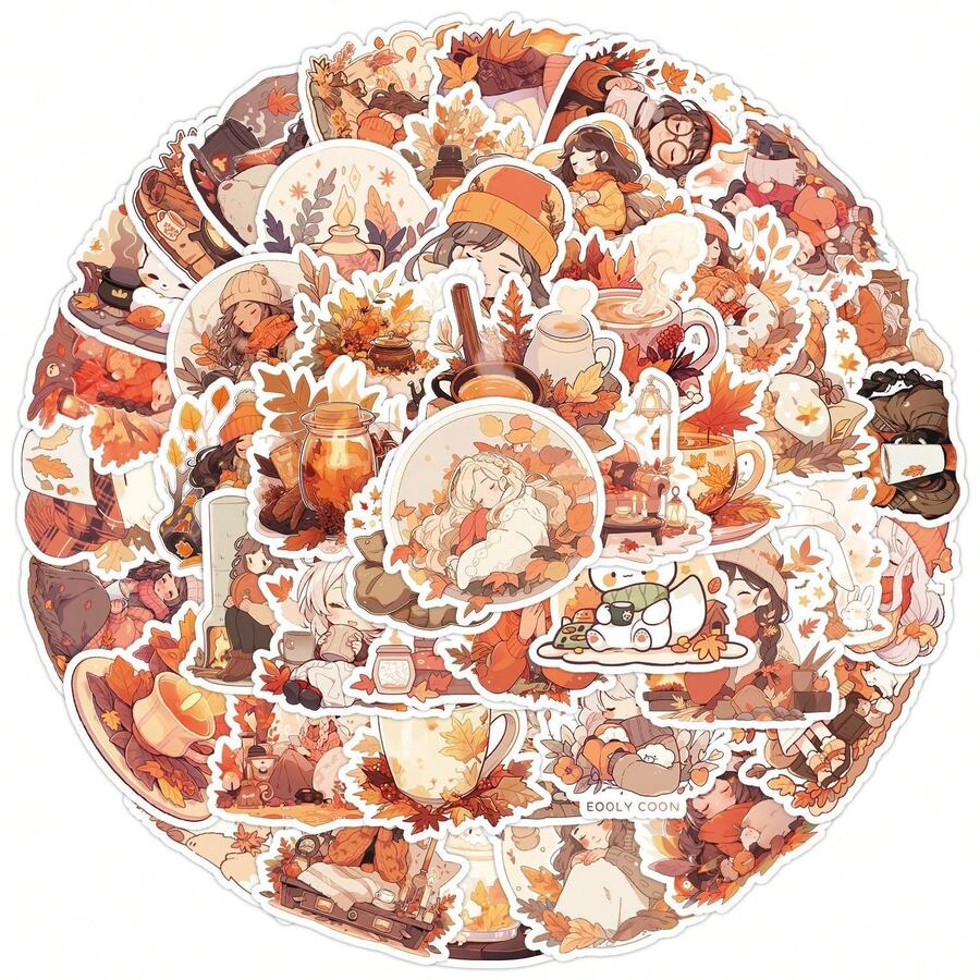 50 张卡通秋叶贴纸，适用于笔记本电脑水瓶、吉他、自行车、汽车、摩托车保险杠、行李箱、滑板涂鸦的乙烯基贴纸，可爱贴花，是送给儿童、青少年、男士、女士的最佳礼物。 - 彩色 - 查看 1