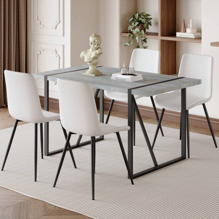 Table And Chair Set. Modern Minimalist Grey Marble Textured MDF Dining