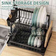 2024 Upgraded Thickened, Double-Layer Drain Rack, Multi-Function Dish Rack, Kitchen Rack, Drain Sink, Bowls, Chopsticks, Cups & Plates & Knives Storage Rack Holder, Carbon Steel, Large Capacity - Black - View 8