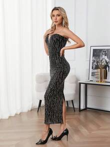 Women's Glamorous Sequin Strapless Tight Fit Evening Gown Dress, Prom Semi Formal Dress, For Birthday, Wedding Guest, Graduation Homecoming - Black - View 5