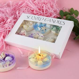 6pcs/Gift Box Shell Themed Scented Candles With Pearl Glitter Decor, 6 Assorted Fragrances To Create Romantic Atmosphere, Great For Holiday Gifts! Birthday Graduation