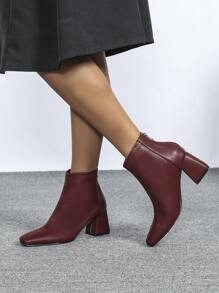 Women's New Elegant Minimalist Square Toe Mid-Low Heel Ankle Boots,Fashion Match Black Dress