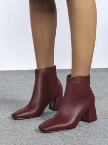 Women's New Elegant Minimalist Square Toe Mid-Low Heel Ankle Boots,Fashion Match Black Dress