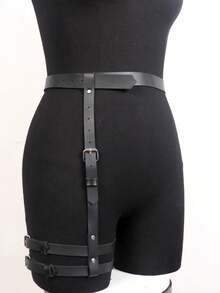 女式性感腿带吊带 PU 皮革铆钉装饰吊袜带哥特式服装束缚内衣 - 黑色 - 查看 5