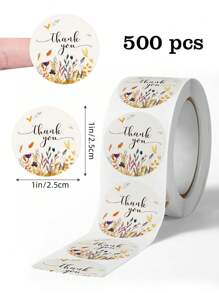 500pcs/Roll Round Floral "Thank You" Self-Adhesive Stickers For Birthday Gift, Party, Wedding Card DIY Decor, Waterproof PVC Unsticky Labels Back To School