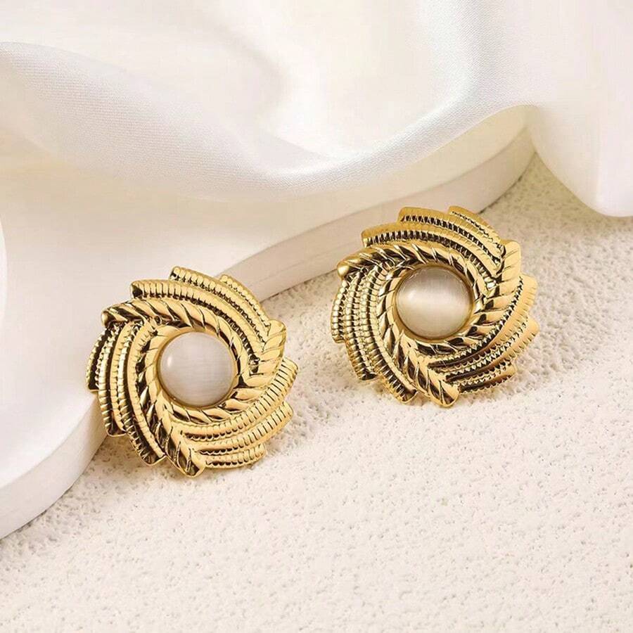 2pcs Vintage Gold Plated Titanium Steel Swirl Stud Earrings, Exclusive