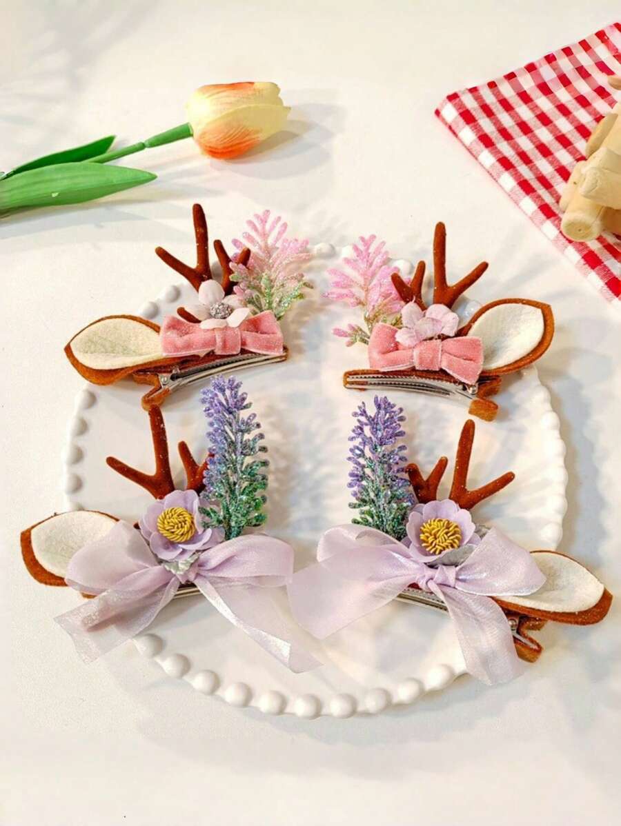 1 kẹp tóc & băng đô hình gạc tuần lộc Giáng sinh, băng đô nơ màu hồng tím kẹp tóc hình tuần lộc phụ kiện tóc tiệc Giáng sinh cho phụ nữ và bé gái (Kiểu ngẫu nhiên) - Nhiều màu - Xem 1