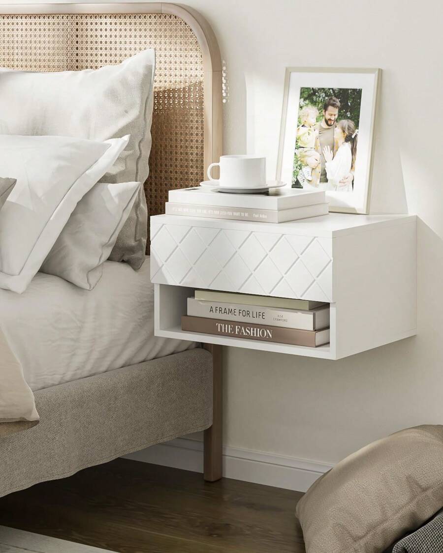 Floating Nightstand, Small Modern Floating Nightstand With Drawer, Floating Shelves For Bedroom, Bathroom (White Stripe) - Kim cương trắng - Xem 1