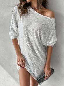 ChicMe 亮片蝙蝠袖斜领紧身连衣裙修身派对华丽迷你连衣裙