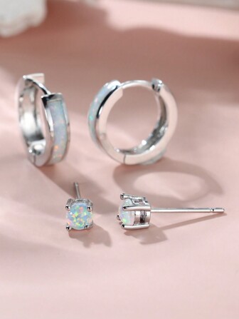 2 Pairs Opal Earrings Set White Blue Pink Fire Opal Stud Huggie Hoop Earrings Set Hypoallergenic Small Hoops Earrings For Women Girls Sensitive Ears Jewelry Birthday Gifts