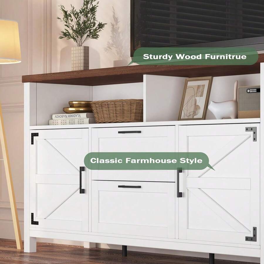 Farmhouse Barn Door TV Stand For 55 Inch TV Modern Wood Entertainment