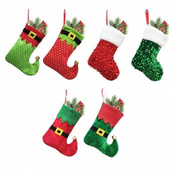 1pc, Christmas Mini Stockings, Christmas Mini Socks Holiday Decorations Holiday Decorations, 6 Packs Xmas Mini Stockings, Burgundy, Green
