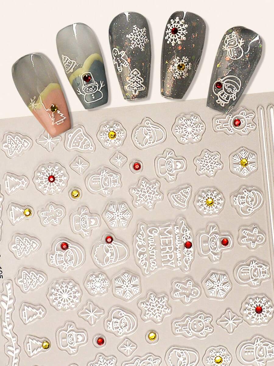 5D 闪光白色雪花美甲贴纸自粘滑块贴花圣诞新年冬季美甲设计装饰 DIY - 白色 - 查看 1