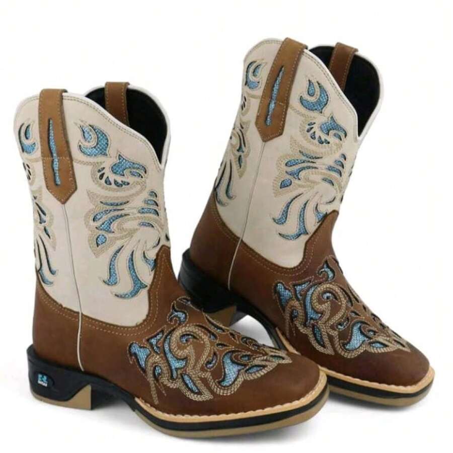 Bota Texana Country Feminina Couro Glitter Azul Bordado Western Rodeio Lançamento Exclusivo - Marrom - Visão 1