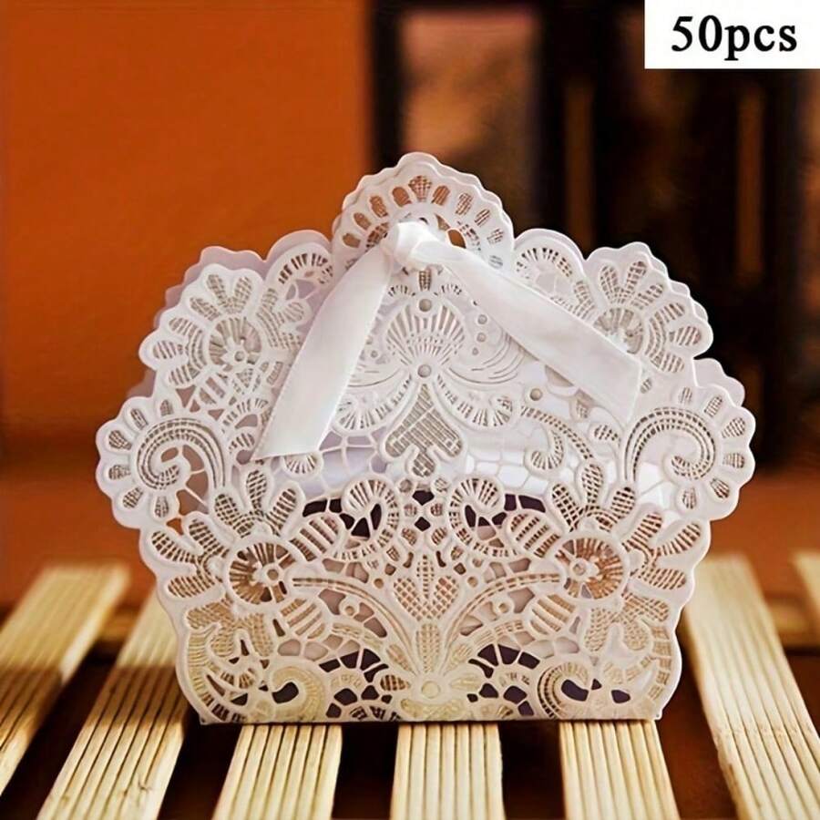 50 PCS Laser Cut With Ribbon Wedding Party Favor Box, Wedding Gift Box