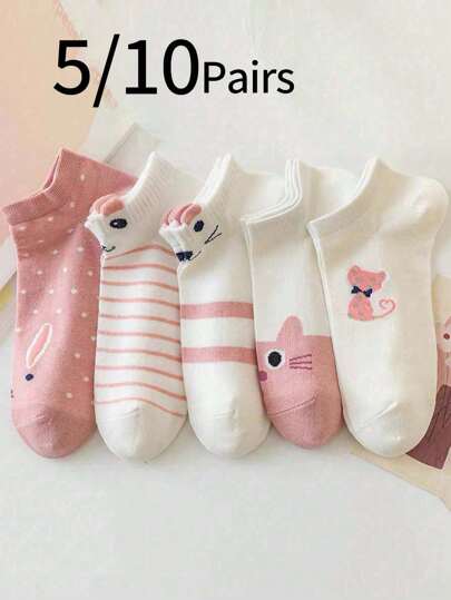 5/10 双可爱卡通猫条纹女童薄款短袜，舒适透气，适合 6-10 岁、9-12 岁、12-16 岁