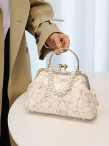 New Lace Flower Handbag Shoulder Crossbody Bag, Cheongsam Han Chinese Dress Style, Oriental Fashion Shoulder Bag With Pearls For Women