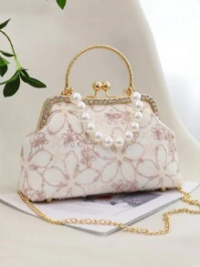 New Lace Flower Handbag Shoulder Crossbody Bag, Cheongsam Han Chinese Dress Style, Oriental Fashion Shoulder Bag With Pearls For Women