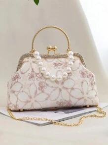New Lace Flower Handbag Shoulder Crossbody Bag, Cheongsam Han Chinese Dress Style, Oriental Fashion Shoulder Bag With Pearls For Women
