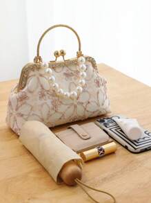 New Lace Flower Handbag Shoulder Crossbody Bag, Cheongsam Han Chinese Dress Style, Oriental Fashion Shoulder Bag With Pearls For Women