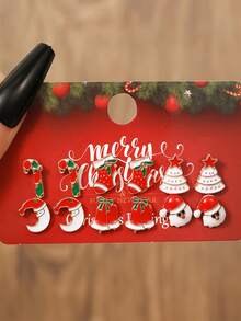 6 对女孩甜美时尚圣诞耳环，饰有雪花、驯鹿、圣诞树、节日配饰 - 彩色 - 查看 4