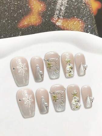 10Pcs Pink Coffin Press-On Nail Christmas Tree Snowflake Artificial Nail With Pearl For Hand Decoration Nail Art Press On Nails Nail Supplies Nails