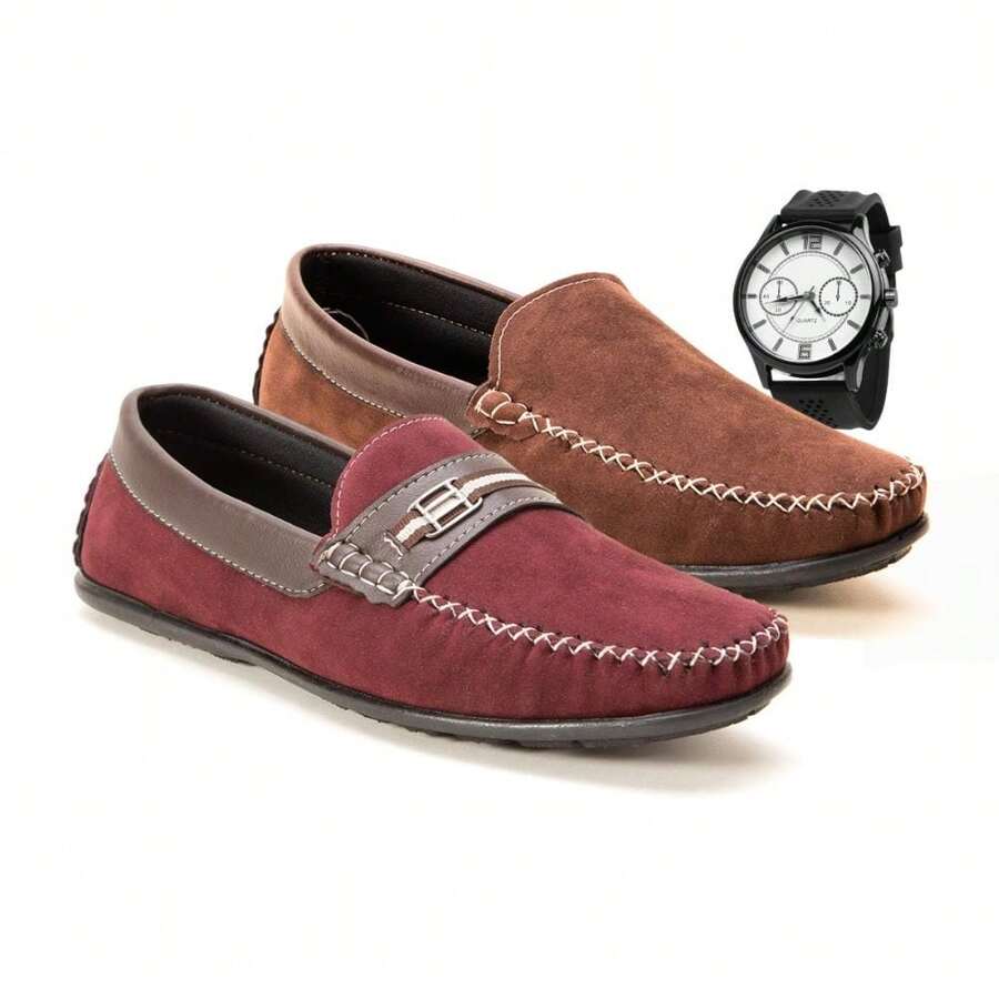 Mocassim Sapatilha +RELOGIO  Casual Confortável Casual Camurça - Café e bordo + relógio - Visão 1