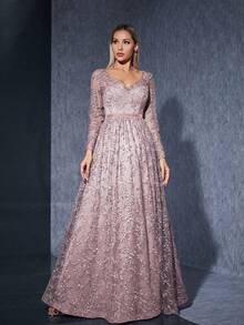 Váy nhung trong suốt thêu ren cổ chữ V họa tiết hoa không cố định tay dài - Hồng - Xem 4