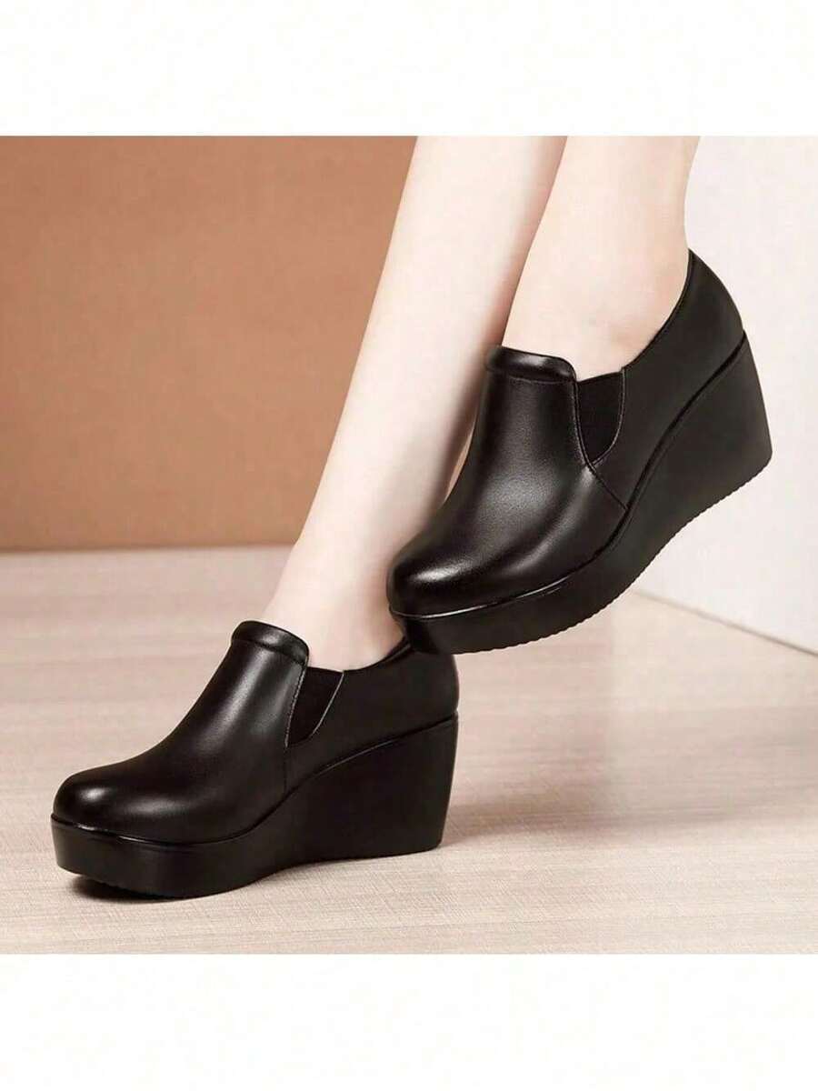 Comfortable Med Heels Wedges Shoes Leather Loafers 2024 Fall Deep Mouth