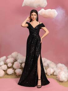 Teen Girl Open Shoulder Spaghetti Strap Sequin Slit Party Dress