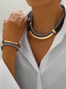 2 件套多色黑绳时尚百搭夸张颈链套装，欧美风格