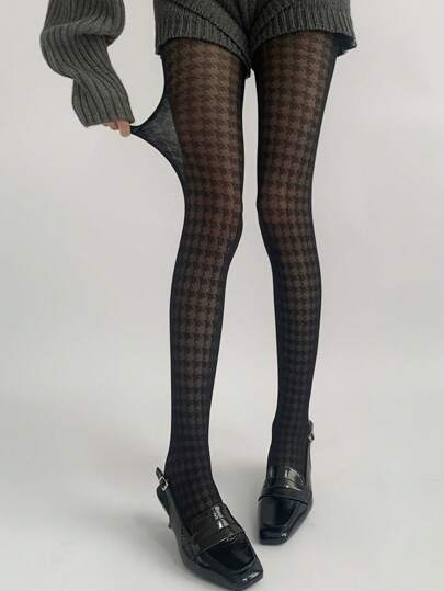 女士时尚黑色千鸟格纹连裤袜 - 超薄防缠绕刺绣细节紧身裤