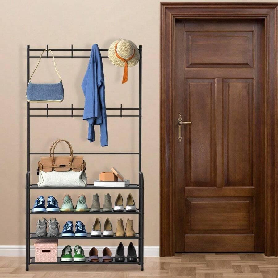Entryway Coat Hat Rack Shoe Storage Shelf Shoe Rack Freestanding Hall