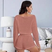 New Female Shoulder Shorts Fashion Home Wear Thin Breathable And Refreshing Ribbed Fabric Pajamas - 粉色 - 查看 5