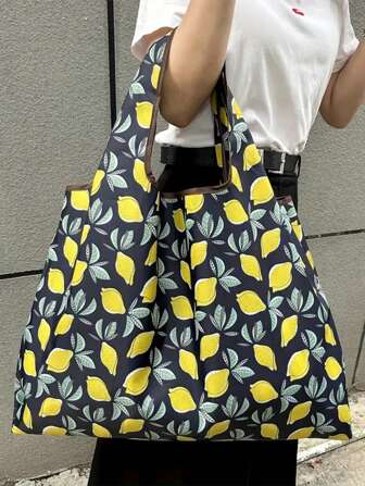 Citrontryck Vikbar lätt tygväska för män kvinnor, återanvändbar bärbar shopper med stor kapacitet, handväska för matbutiker axelväska