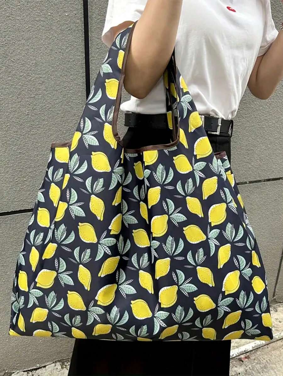 Sanrio Lemon Print Foldable Lightweight Tote Bag, Unisex, Reusable, Large Capacity Portable Shopping Bag, Grocery Handbag/Shoulder Bag - Multicolor - View 1