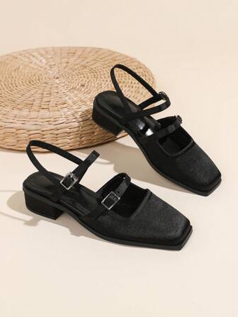 Fall/Winter Black Square-Toe Mary Jane Shoes For Women, Low Vamp With Front & Rear Straps, Chunky Heels, Fashionable Ladies High Heels For Spring And Summer, Elegant