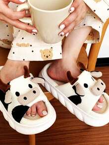 Pantuflas De Vaca Para Mujer Suaves Cómodas Lino Mudas. Preppy Zapatillas para con diseño de vaca Zapatillas de peluche. Zapatillas de felpa con diseño de animal de dibujos animados. Lindas Pantuflas De Vaca Para Mujer Suaves Cómodas Lino Muda. - Beis - Ver 4