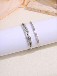 2 chiếc vòng tay bằng thép không gỉ, quà tặng trang sức tinh tế, chống thấm nước và chống mài mòn cho gia đình và bạn bè - Vòng tay dây kéo + kim cương bóng - Xem 10