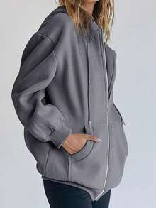 Sudadera con capucha para mujer Otoño e Invierno Deportes y Casual Cordón Cremallera - Gris Oscuro - Ver 3