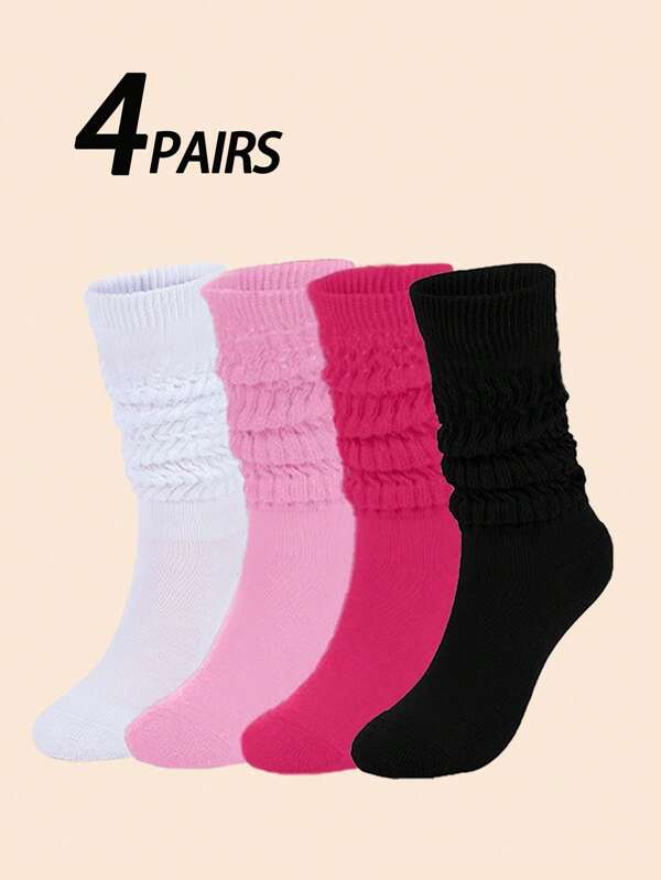4 Pairs Women Over The Knee/Thigh High/Crew Socks, Black, White, Pink, Soft & Comfortable