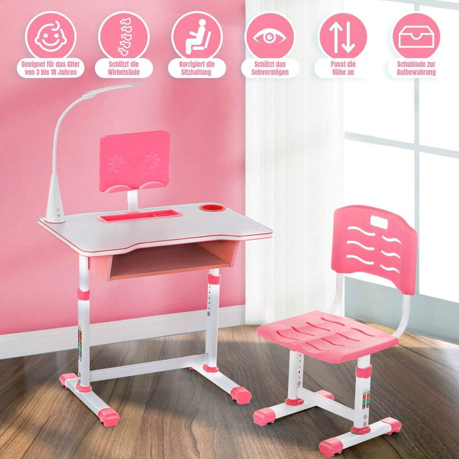 OYAJIA Kinderschreibtisch höhenverstellbar Jugendschreibtisch Schreibtisch mit Stuhl ergonomischer Rosa Schülerschreibtisch mit Lampe und Bücherständer Best Desk (Rosa)