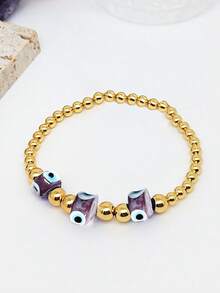 1 件女式玻璃邪眼串珠手链，金色珠子弹性可调节链条适合搭配各种服装 - 彩色 - 查看 18