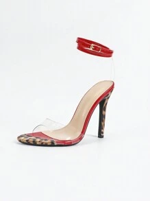 Women Leopard Print Transparent Glass Strap Ankle Strap Round Toe Stiletto High Heel Sandals, Glossy Leather, Stylish Party Dress Shoes In Red