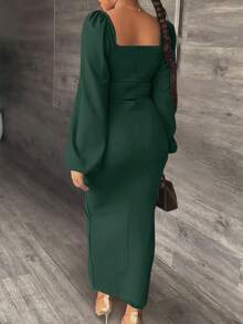 女士时尚高开叉灯笼袖长裙 - 墨綠色 - 查看 2