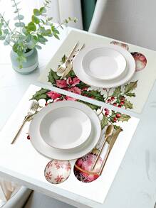 4pcs/Set Christmas Evergreen Leaf & Ornament Pattern Printed Placemats, Modern Polyester Kitchen Table Decor Fabric Placemats For Dining Room & Kitchen - Multicolor - View 5